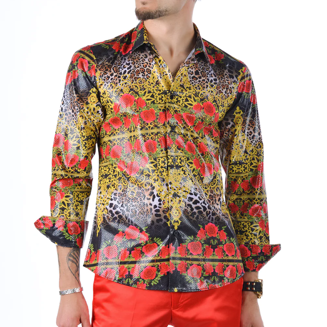 Men's Long Sleeve Button Down Dress Shirt Black Red Gold Floral Rose G –  Premiere Dress Shirts