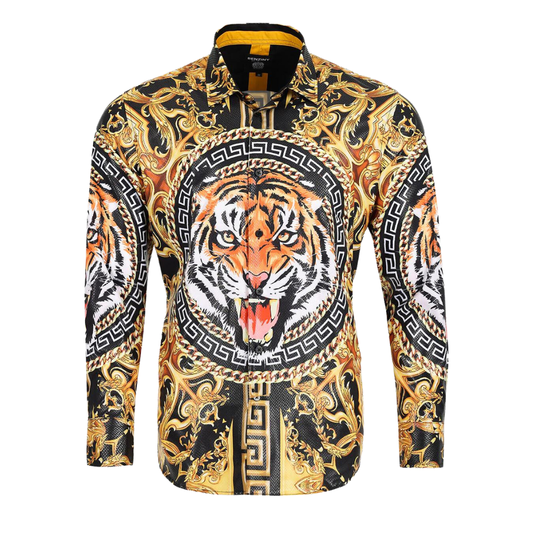 Men's Long Sleeve Button Down Dress Shirt Roar Tiger Black Gold Colorf –  Premiere Dress Shirts