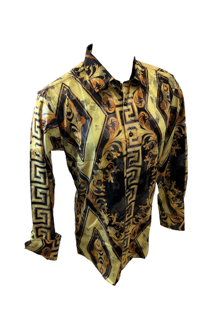 Men's Long Sleeve Button Down Dress Shirt Black Gold Diamond Tribal Geometric All Over Pattern