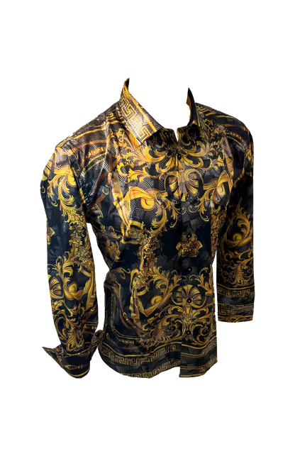 Men's Long Sleeve Button Down Dress Shirt Black Gold Tribal Geometric
