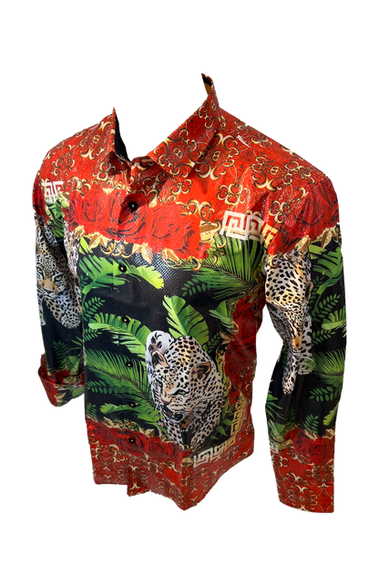 Men's Long Sleeve Button Down Dress Shirt Cheetah Leopard Black Red Gold Floral Rose