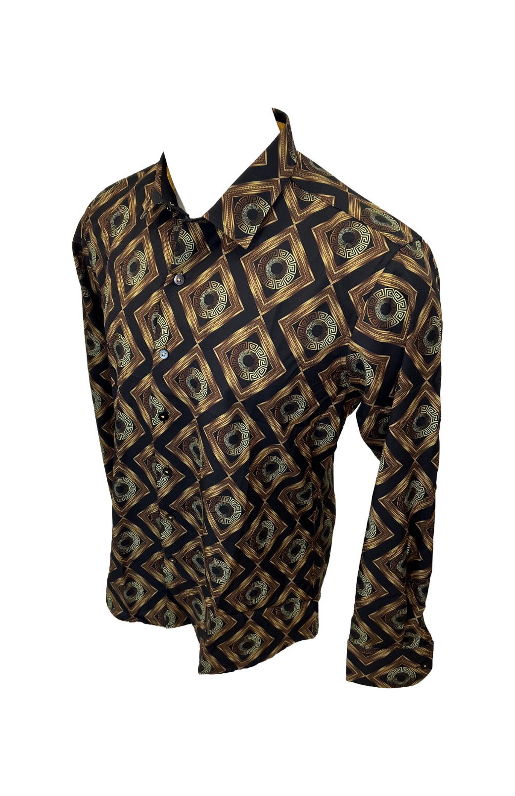 Men's Long Sleeve Button Down Dress Shirt Black Gold Geometric Tribal All Over Pattern