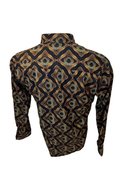 Men's Long Sleeve Button Down Dress Shirt Black Gold Geometric Tribal All Over Pattern